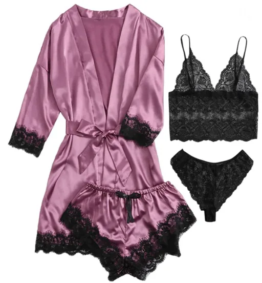 New Women's Sleep Lounge New Pajama Sets European American 4-Piece Set with Lace Satin Suspender Summer Set for Sleeping Pajamas