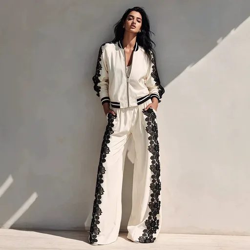 2026 New Amazon Cross-Border Women's Satin Lace Patchwork Sports Suit Casual Wide-Leg Pants Two-Piece Set