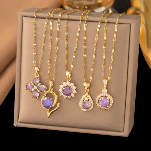 Luxury Romantic Purple Crystal Zircon Flowers Pendant Necklace for Women Bride Wedding Gold Color Stainless Steel Jewelry Gift