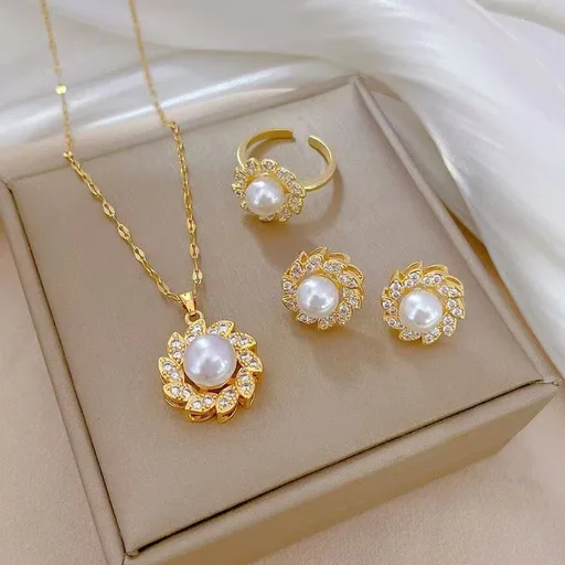 Cross-border jewelry suit pearl flower necklace fashion trend does not fade clavicle chain earrings ring three-piece set for women