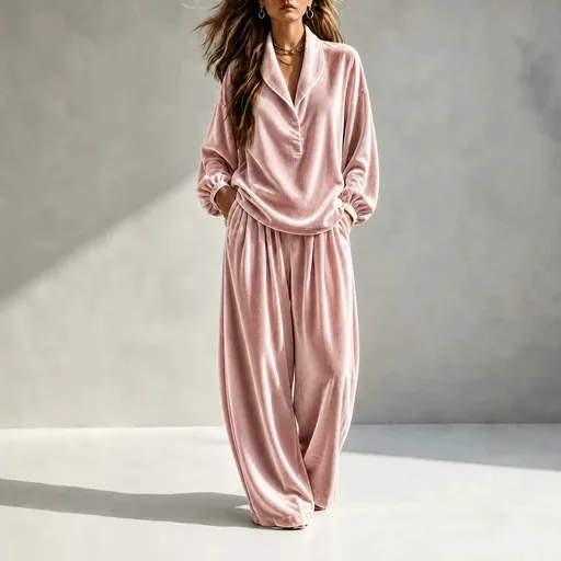 2026 European and American Women's Clothing Amazon Independent Site Autumn/Winter New Casual Fashion Velvet Long Sleeve Long Pants Turn-down Collar Set