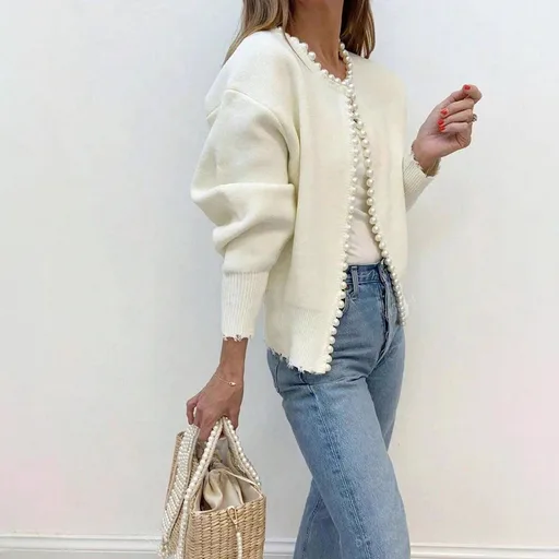 2026 cross-border foreign trade round-neck pearl-trimmed knitted sweater short long-sleeve heavy-duty cardigan fashion outerwear for women
