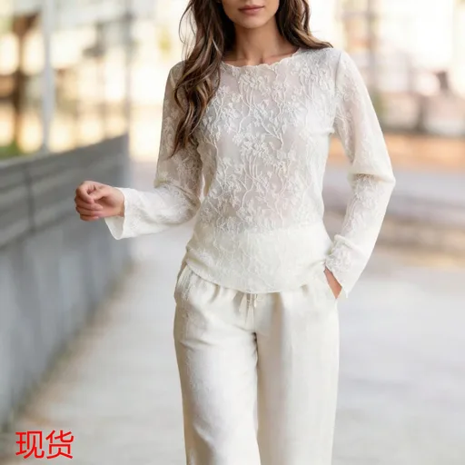 2026 New European and American Cross-Border Foreign Trade Lace Long-Sleeved Tops for Women, Round Neck, Loose, Breathable, Fashionable Casual Bottoming Shirts